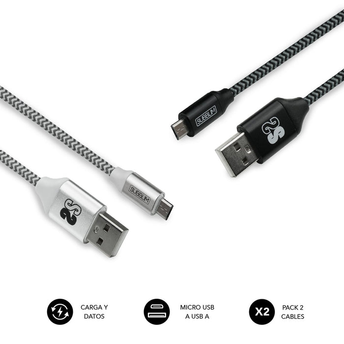 EAN 8436586740627 - SUBBLIM PACK 2 CABLES USB A MICRO USB (2.4A) 1M BLACK/SILVER cable USB Micro-USB A Aluminio, Negro, Gris, imagen 1