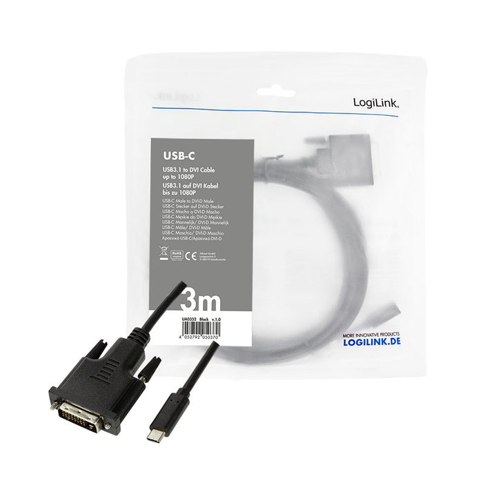 EAN 4052792050370 - LogiLink UA0332 adaptador de cable de vídeo 3 m USB Tipo C DVI-D Negro imagen 5