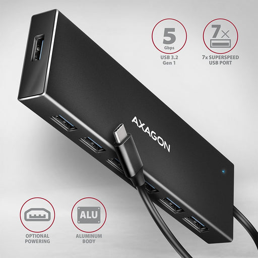 EAN 8595247907042 - Axagon HUE-F7C 7x USB 3.2 Gen 1 ALU FLAT hub micro power IN 30cm USB-C USB 3.2 Gen 1 (3.1 Gen 1) Type-A 5 imagen 2
