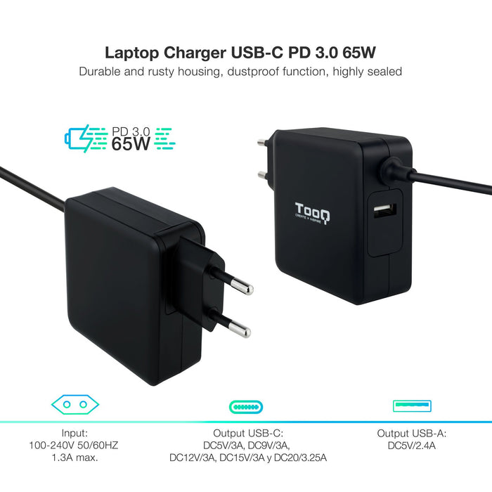 EAN 8433281011984 - TooQ TQLC-USBC65PD adaptador e inversor de corriente Interior 65 W Negro imagen 2