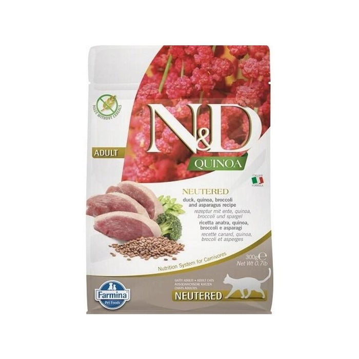 Farmina N&D Quinoa Cat Duck, Broccoli, Asparagus Neutered Adult  - Comida Seca Para Gatos - 300 G