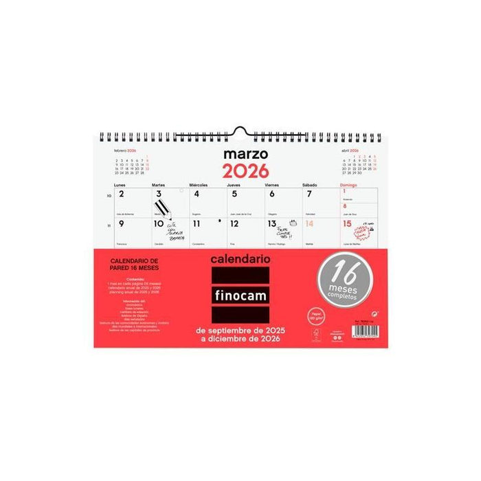 Finocam Calendario De Pared 16 Meses L-340x240mm Mv Neutro 2025-2026