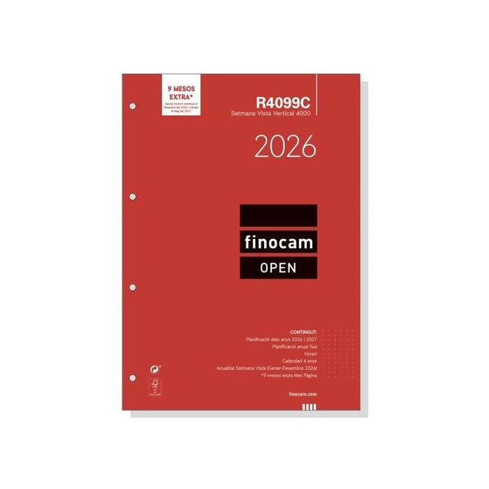 Finocam R4099c Recambio Anual 2026 Para Agendas Open 2026 En Catalan - Formato A4 - 210x6x297mm - Semana Vista En
