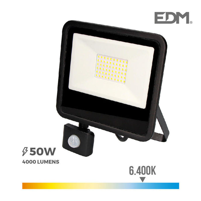 Foco Proyector Led 50w 4000lm 6400k Luz Fria Con Sensor De Presencia 23,8x4,5x19,2cm Edm