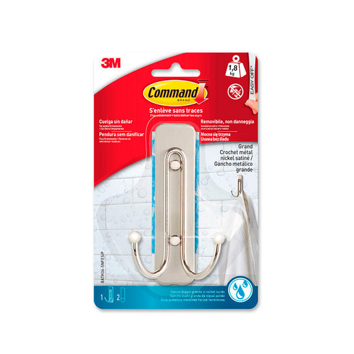 Gancho Doble, Grande, Níquel Satinado, 1 Ud + 2 Tiras,Carga Max 1,8 Kg