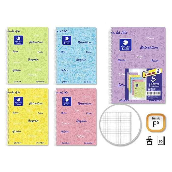 Golden Pack De 5 Cuaderno Asignatura Tapa Flexible - 80 Hojas - Papel De 90gr - Cuadricula 4x4