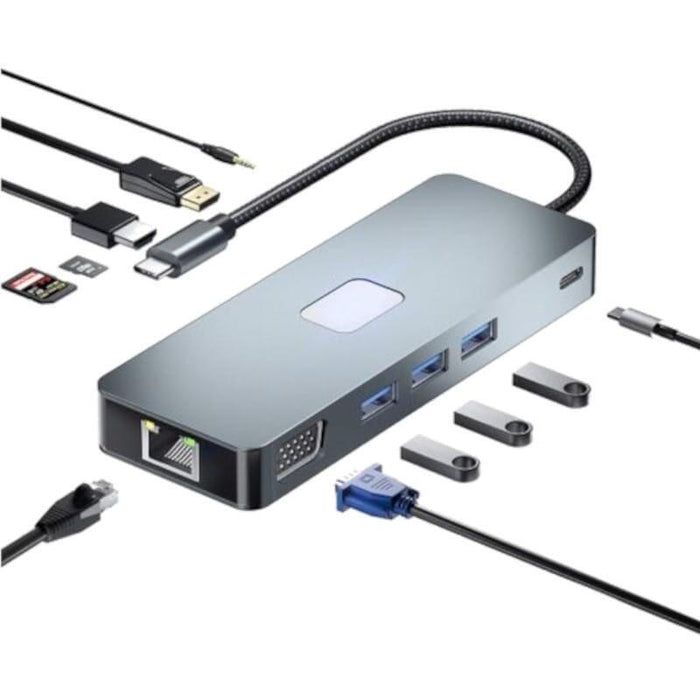 Hub Byl-2309 11 En 1 Usb Tipo-C A Hdmi/Microusb/Vga/Rj45/Usb3.2/Jack 3.5mm/Usb Tipo C 100w Plata