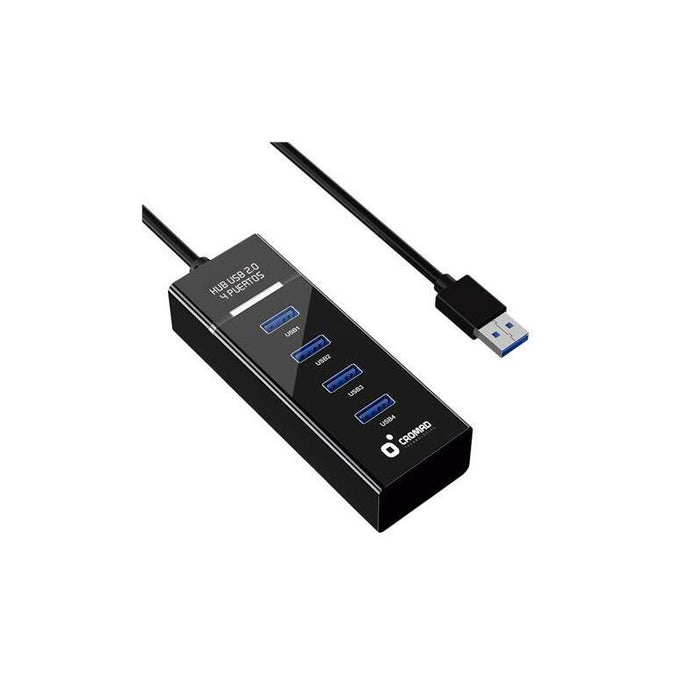 Hub Cromad Usb 2.0 - Longitud 30cm - Indicador Led 480 Mbps  4 Puertos - Sin Instalacion Negro