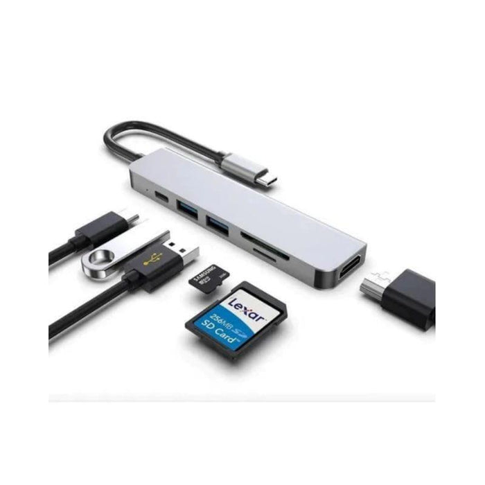 Hub Usb Byl-2010 6 En 1 Usb Tipo-C/Hdmi+Usb 3.0+Usb 2.0+Tipo C+Microsd+Tf Gris
