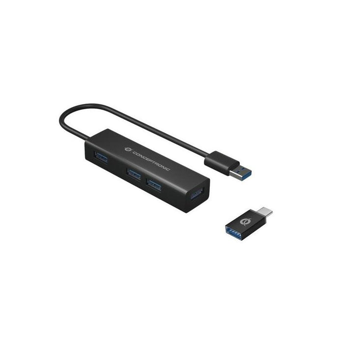 Hub Usb-C 3.0 Conceptronic Hubbies07b 4 Puertos Usb 3.0 Color Negro Carcasa De Aluminio Con Adaptador Usb-C A Usb-A