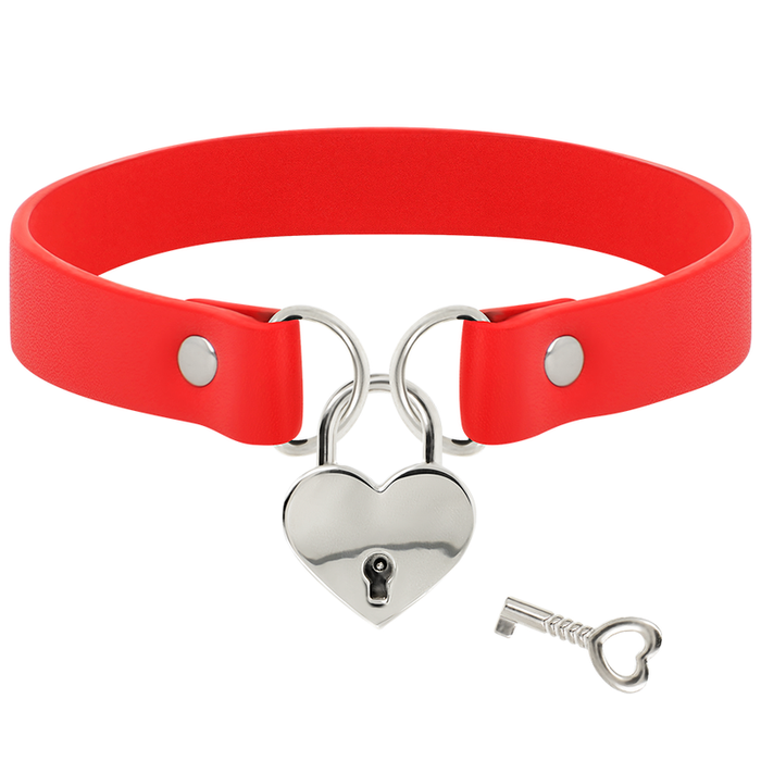 Coquette Chic Desire - Collar Cuero Vegano Rojo Accesorio Corazón Con Llave