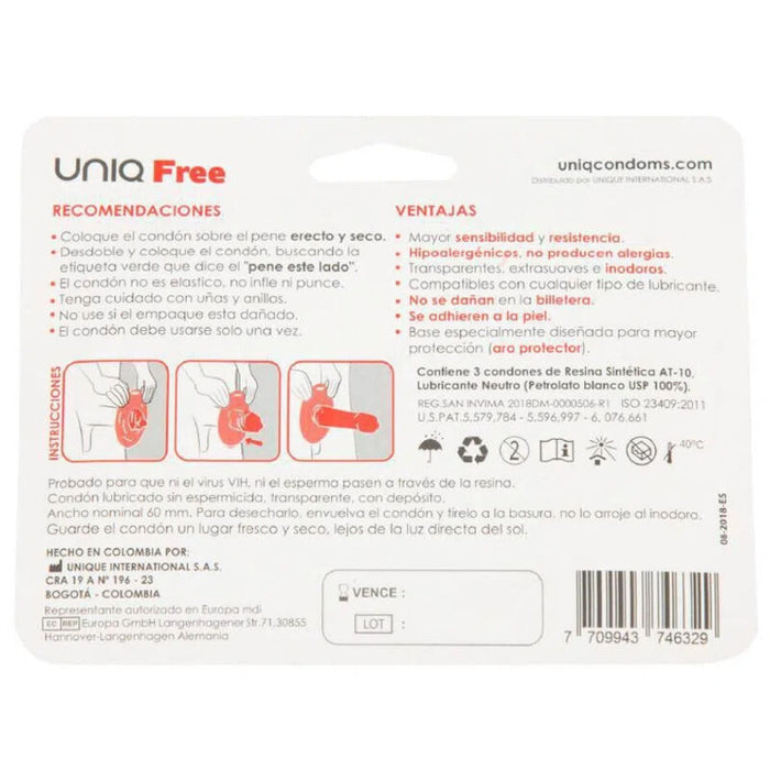 Uniq - Free Preservativos Con Aro Protector Sin Latex 3 Unidades