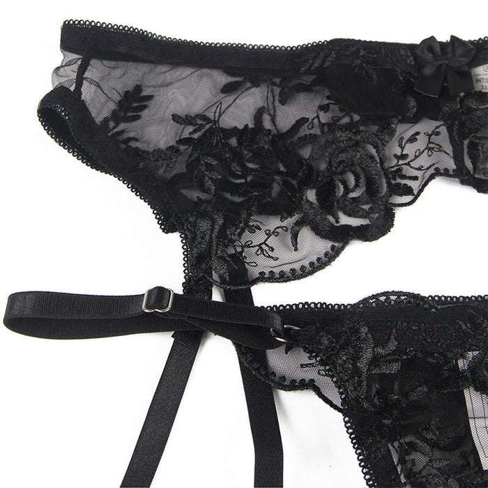 Subblime - Set De 3 Piezas Sujetador + Tanga + Liga Estampado Floral Negro S/M