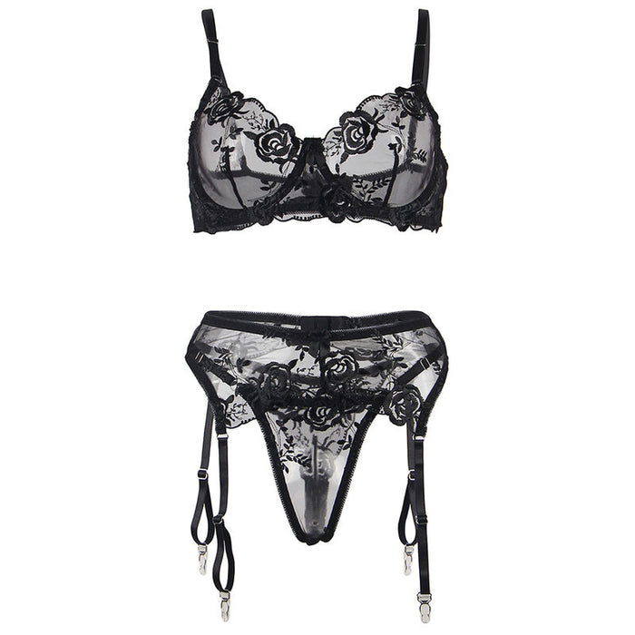 Subblime - Set De 3 Piezas Sujetador + Tanga + Liga Estampado Floral Negro S/M