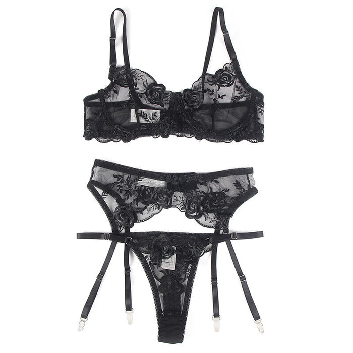 Subblime - Set De 3 Piezas Sujetador + Tanga + Liga Estampado Floral Negro L/Xl
