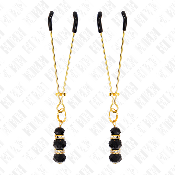 Kink - Pinzas Para Pezones Dorada Fina Con Triple Bola De Vidrio Negro 7 Cm