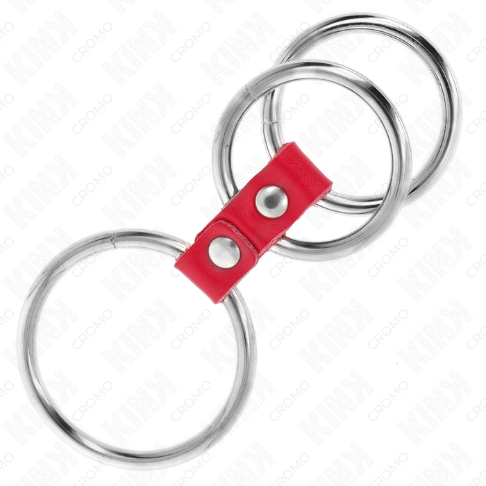 Kink - Anillo Pene Triple Metal 3.7 Cm A 5 Cm Conectados Con Cuero Rojo