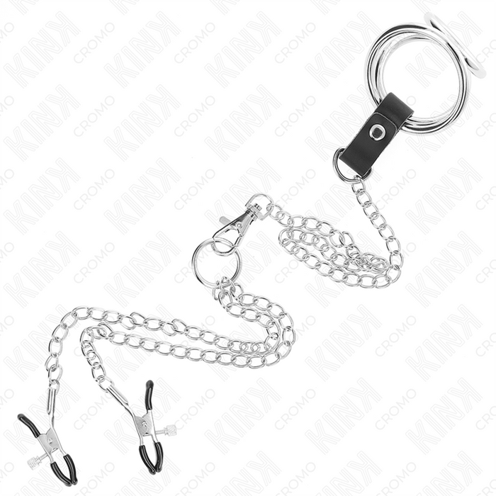 Kink - Anillo Pene Triple Metal Cromado 3.8 Cm A 5 Cm Con Cadena Metal 26 Cm Y Pinzas Para Pezones Modelo 1