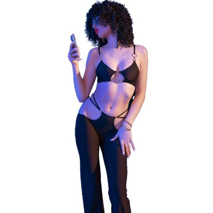 Chilirose - Cr 4851 Set Top Negro Y Leggins Con Complementos Dorados S