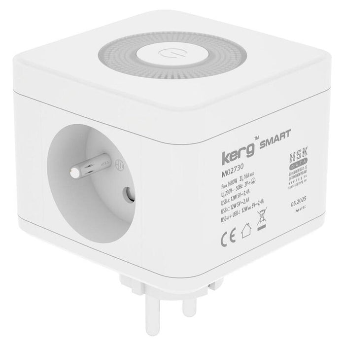 Kerg Smart  Enchufe Multiple De 2 Tomas + Cargador Usb-A+Usb-C + Luz Led 16a/250v~ M02730