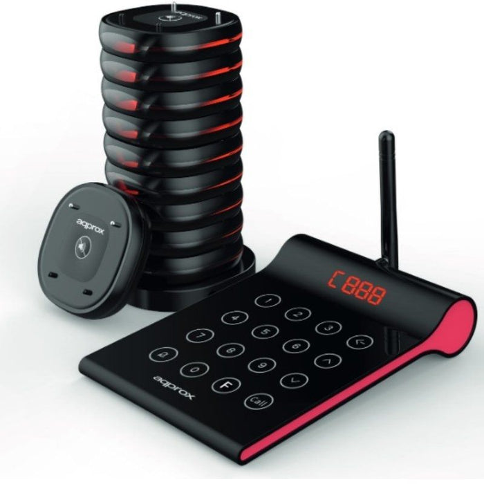 Kit Avisador De Clientes Approx 10 Avisadores Rango 400m 32h De Bateria Transmisor Tactil 4 Digitos Con Base De Carga Para 10u