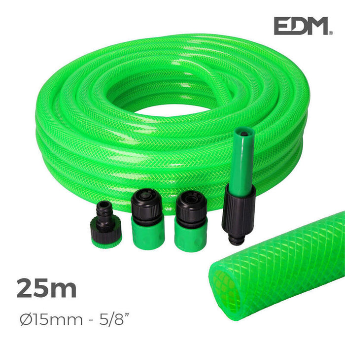 Kit Manguera Jardin Anti-Torsion Ø Interior 15mm Ø Exterior 20mm (5/8") - Rollo 25m Con Accesorios Edm