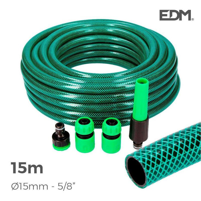 Kit Manguera Jardin Basic Line Ø Interior 15mm Ø Exterior 19mm (5/8") - Rollo 15mts Con Accesorios Edm