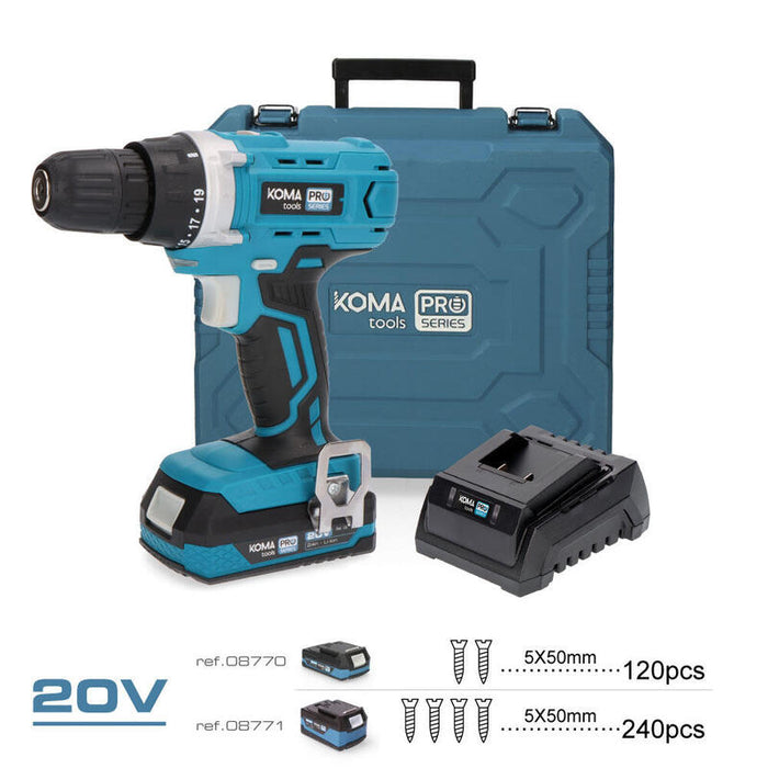 Kit Taladro Atornillador Con 71 Accesorios 20v Con Batería Y Cargador Koma Tools