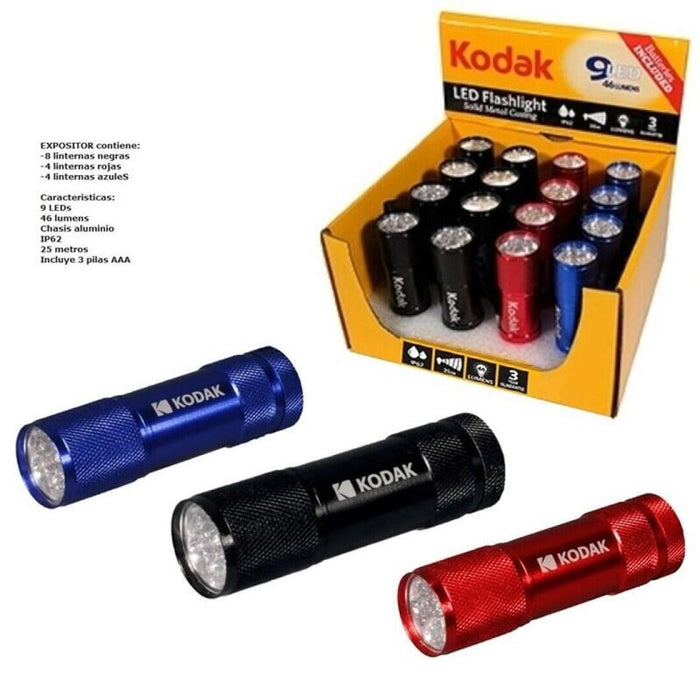 Kodak Expositor 16 Uds. Linterna 9-Led 8xnegro 4xazul 4xrojo Pila Incluida
