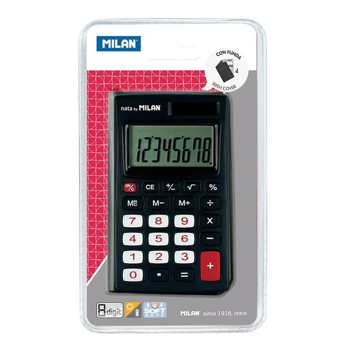 Milan Calculadora De Bolsillo 8 Digitos - 3 Teclas De Memoria Y Raiz Cuadrada - Apagado Automatico - Incluye Funda - Color Negro