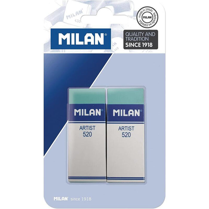 Milan Nata 520 Artist Pack De 2 Gomas De Borrar Rectangulares - Plastico - Faja De Carton Blanca - No Daña El Papel - Color Verde
