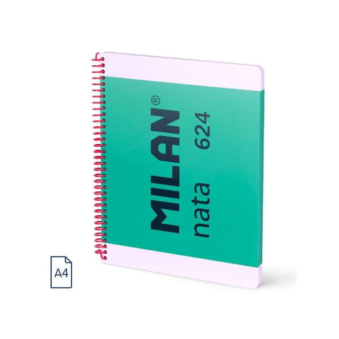 Milan Nata 624 Cuaderno Espiral Formato A4 Pautado 7mm - 80 Hojas De 95 Gr/M2 - Microperforado, 4 Taladros - Verde