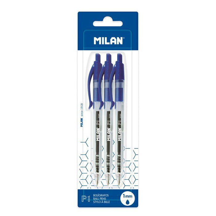 Milan P1 Pack De 3 Boligrafos De Bola Retractiles - Punta Redonda 1mm - Cuerpo Transparente - Color Azul
