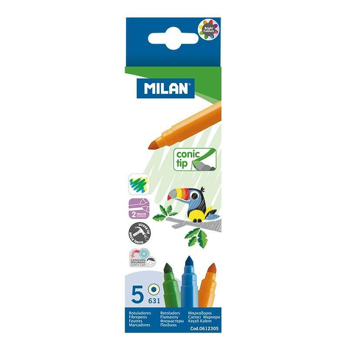 Milan Pack De 5 Rotuladores - Punta Conica 5mm - Tinta Al Agua - Lavable - Colores Surtidos