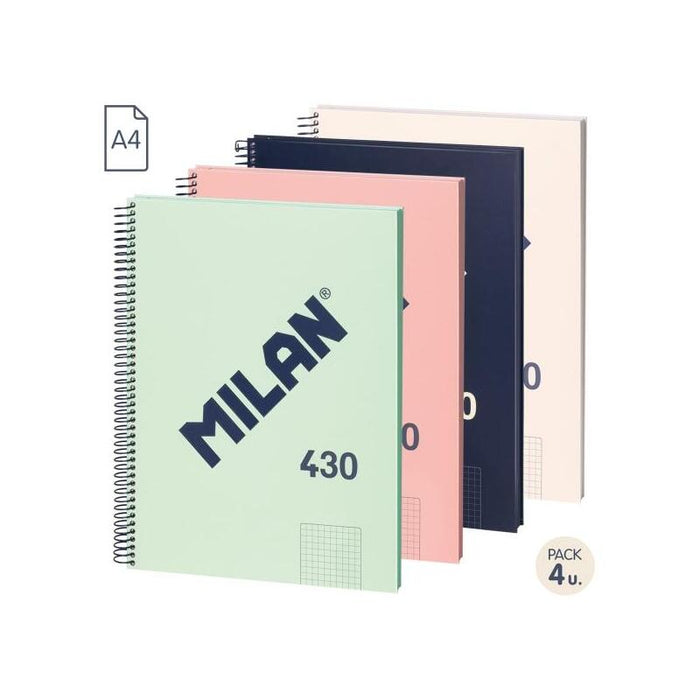 Milan Serie 1918 Pack De 4 Cuadernos Espiral Formato A4 Cuadricula 5x5mm - 80 Hojas De 95 Gr/M2 - Microperforado, 4