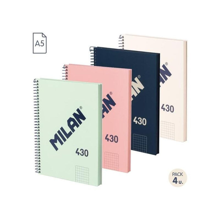 Milan Serie 1918 Pack De 4 Cuadernos Espiral Formato A5 Cuadricula 5x5mm - 80 Hojas De 95 Gr/M2 - Microperforado, 2