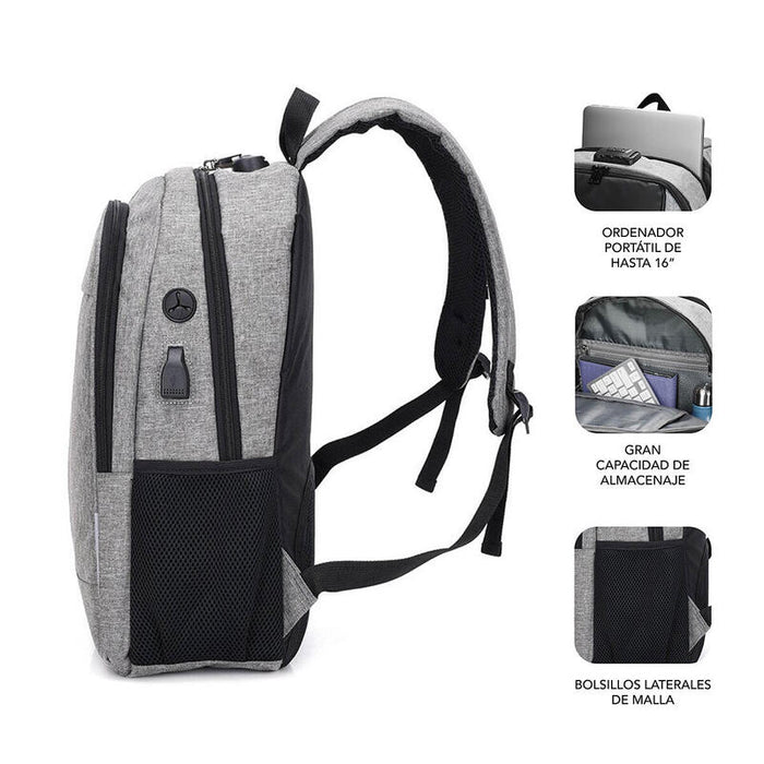 Mochila Subblim Urban Lock Grey Para Portátiles Hasta 16'/40.64cm 44*30*14cm  Bloqueo Antirrobo Puerto Usb Salida Auriculares