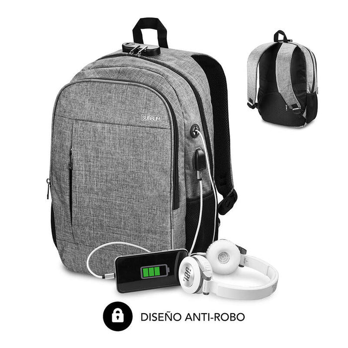 Mochila Subblim Urban Lock Grey Para Portátiles Hasta 16'/40.64cm 44*30*14cm  Bloqueo Antirrobo Puerto Usb Salida Auriculares