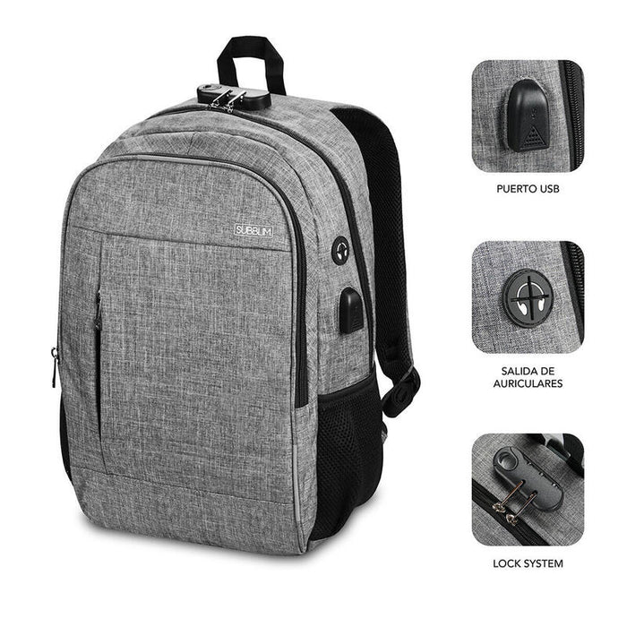 Mochila Subblim Urban Lock Grey Para Portátiles Hasta 16'/40.64cm 44*30*14cm  Bloqueo Antirrobo Puerto Usb Salida Auriculares