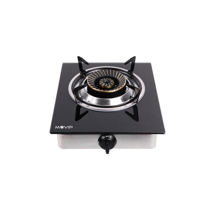 Muvip Cocina De Gas Inox 1 Fuego - Cristal Templado - Encendido Piezoelectrico - Quemador De Hierro Fundido Desmontable