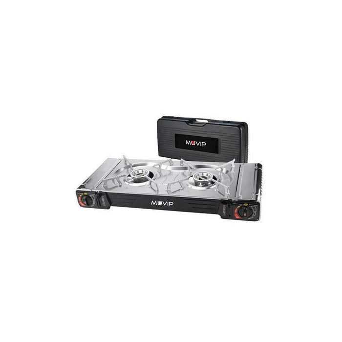 Muvip Cocina De Gas Portatil 2 Fuegos - Doble Bombona - Encendido Automatico - Quemador De Aluminio - Valvula De Doble