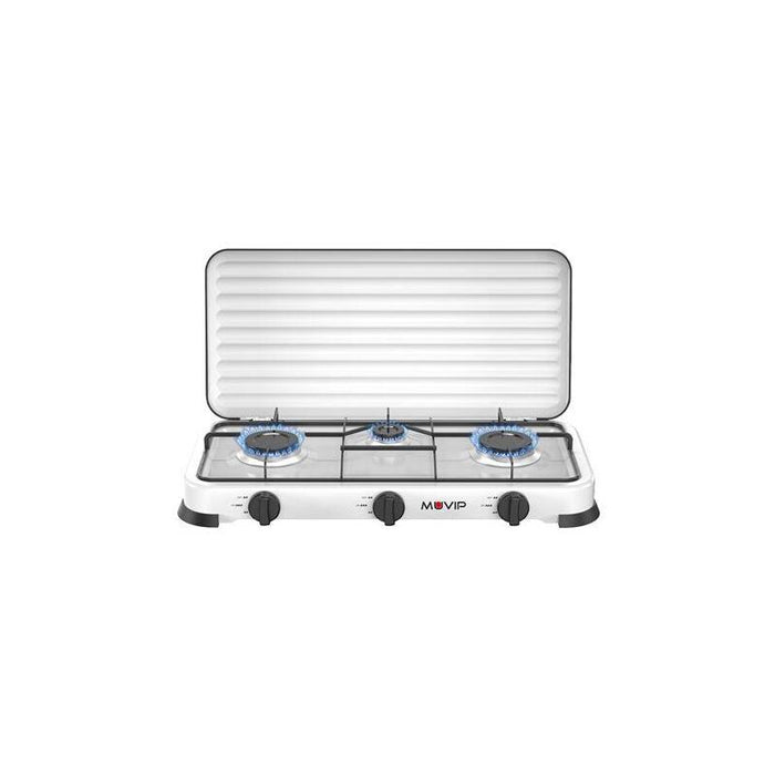 Muvip Vulcano Cocina De Gas Con 3 Fuegos - Tapa Protectora - Patas De Goma - Superficie Esmaltada - Quemador Extraible