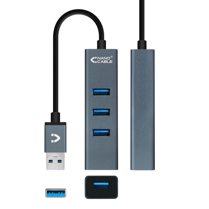 Nanocable Hub Usb 3.0 4xusb3.0. Usb-A/M-Usb 3.0/H - Aluminio - 10 Cm - Gris