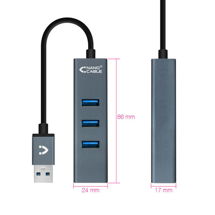 Nanocable Hub Usb 3.0 4xusb3.0. Usb-A/M-Usb 3.0/H - Aluminio - 10 Cm - Gris