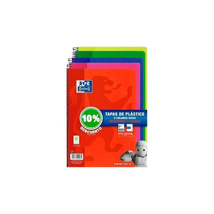 Oxford Cuaderno Espiral 80 Hojas 4x4 Con Margen Tapas De Plástico Folio Colores Vivos (10% Dto) -Pack 5u-
