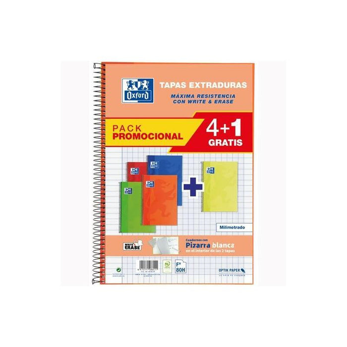 Oxford Cuaderno Espiral Write&Erase Folio 80h Mm C/Margen T/Extraduras Colores Vivos Pack De 4+1