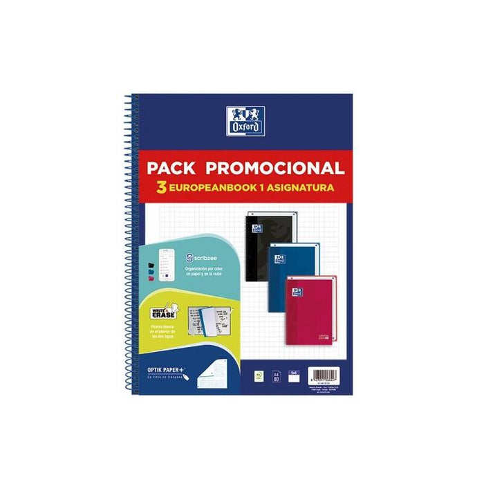 Oxford Europeanbook 1 Classic Pack De 3 Cuadernos Espiral Formato A4+ Cuadriculado 5x5mm - 80 Hojas 90gr - Tapa