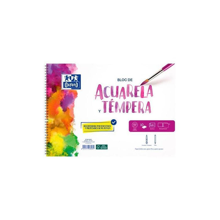 Oxford Pack Bloc Acuarela + 2 Pinceles 10h A4+ 300gr Microperforado