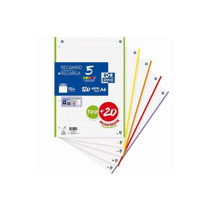 Oxford Recambio 100h + 20h Gratis 4 Taladros A4 90gr 1 Línea 5 Bandas C/Surtidos Vivos