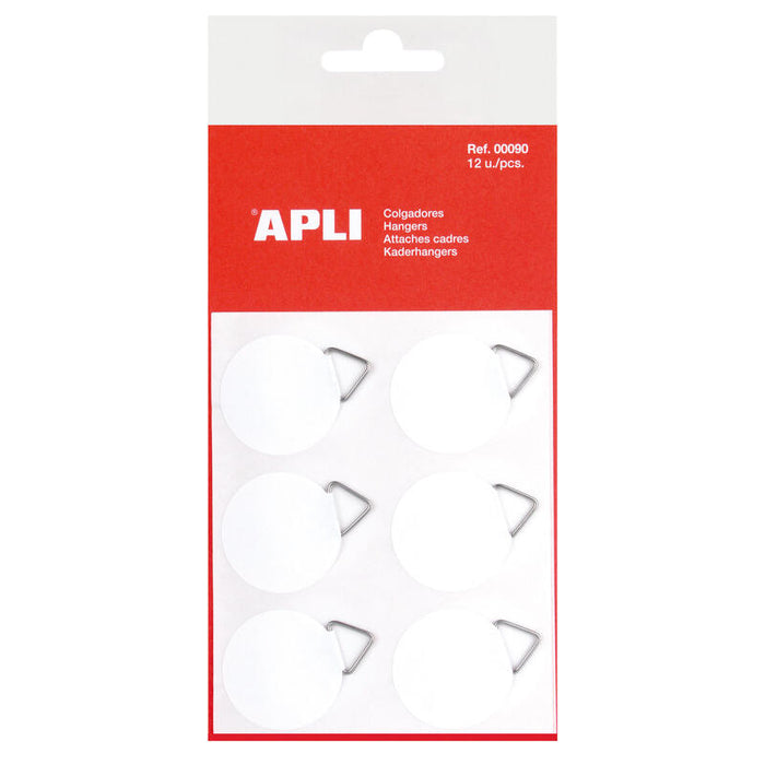 Pack De 10 Unidades Apli Colgadores Autoadhesivos Redondos - Ø 30mm - Triangulo Metalico De Soporte - Base Adhesiva Blanca - 12 Unidades Por Bolsa - Gran Resistencia - Ideal Para Fotos, Calendarios Y Posteres - Color Blanco